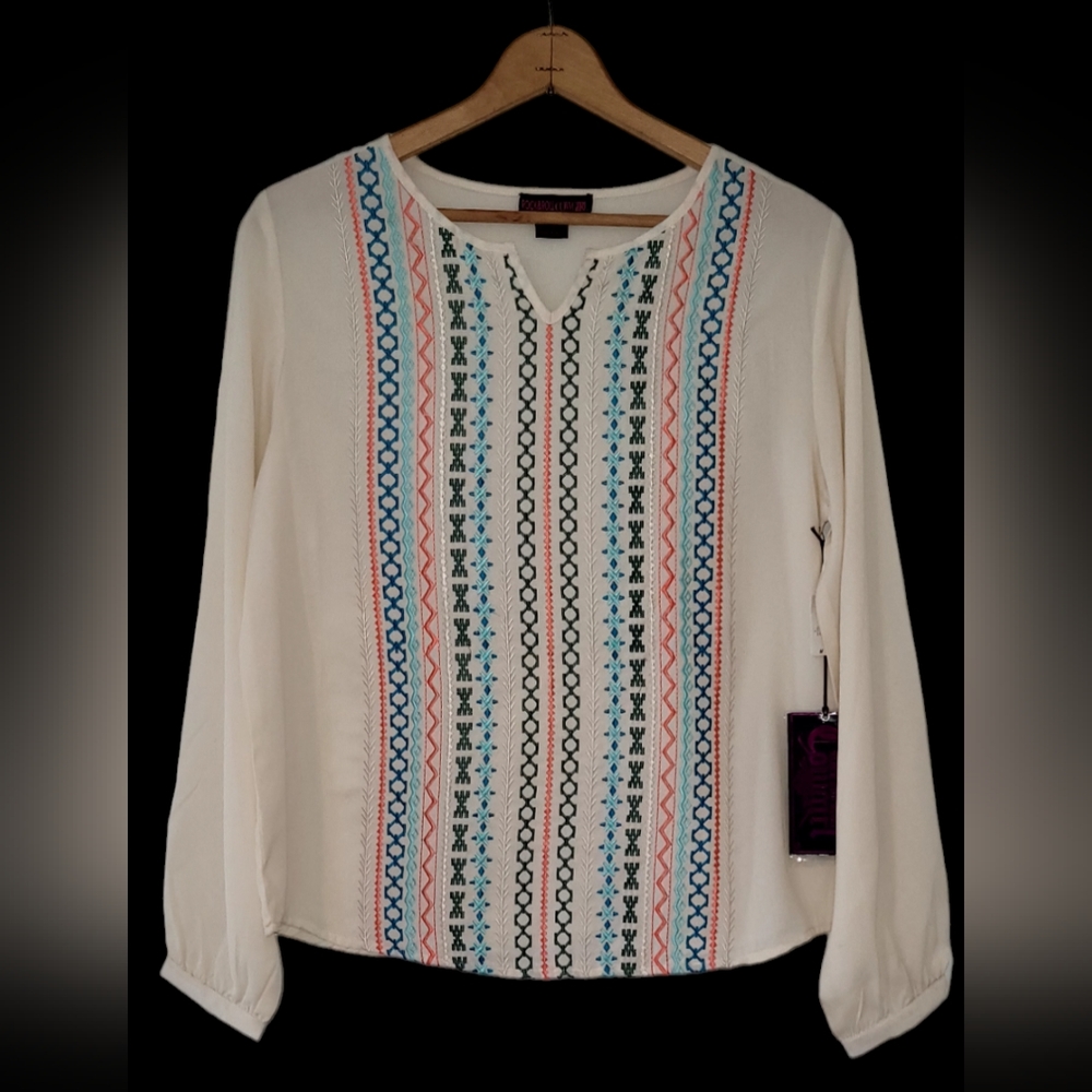 Rock & Roll Cowgirl Natural Juniors Longsleeve Blouse, Size Medium